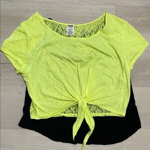 PINK Victoria's Secret Neon Yellow Tie-Front Lace-Back Crop Top With Bonus Top